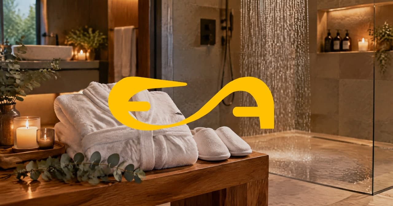 Roupão branco dobrado e chinelos ao lado da ducha de um spa à luz de velas